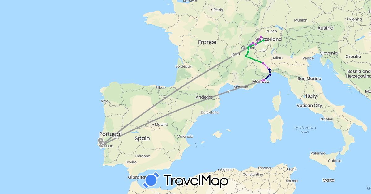 TravelMap itinerary: driving, bus, plane, train in Switzerland, France, Italy, Portugal (Europe)